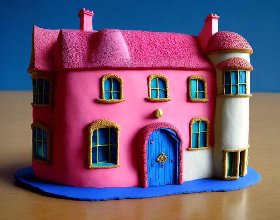 Whimsical pink house fondant cake with blue door and golden windows