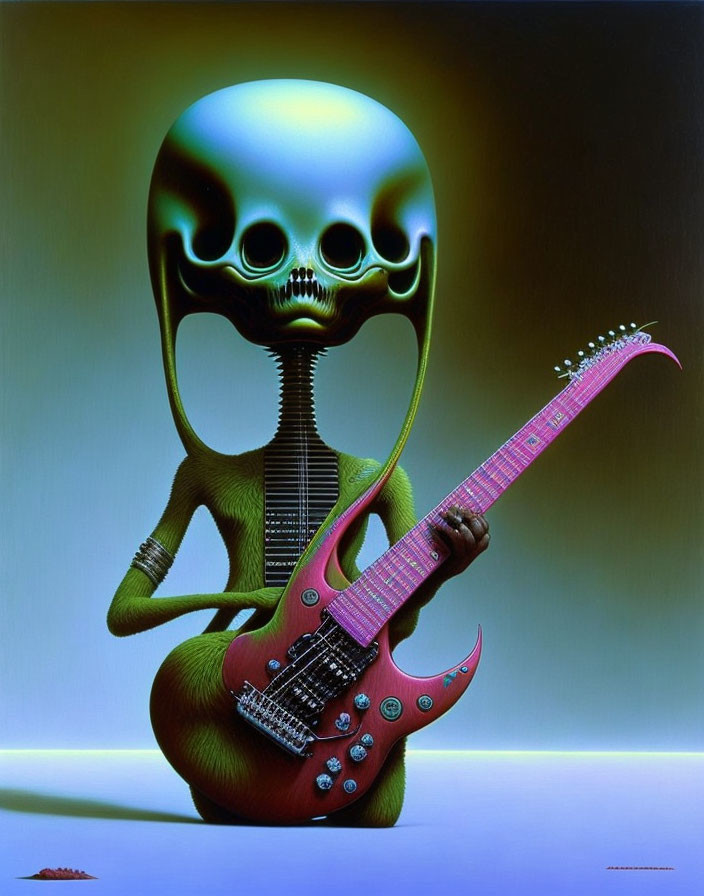 Alien with large skull-like head playing pink electric guitar