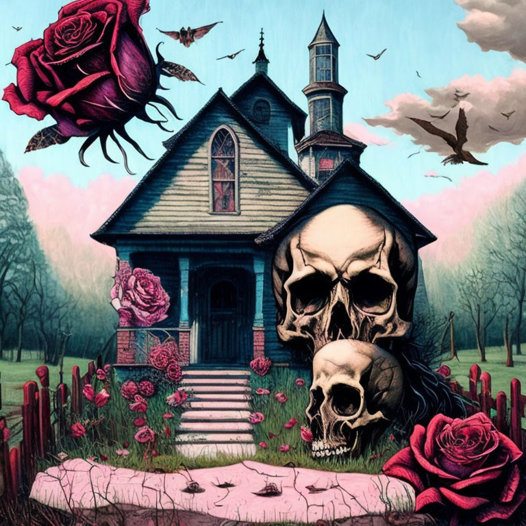 Gothic-style house with skull, roses, birds in fantastical setting