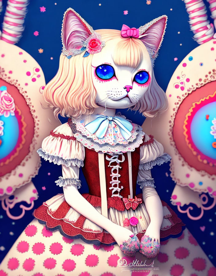 Anthropomorphic cat illustration in elaborate dress with ruffles and intricate patterns