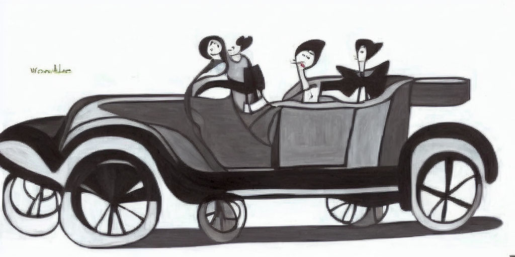 Four cartoon characters in vintage car, black and white sketch style