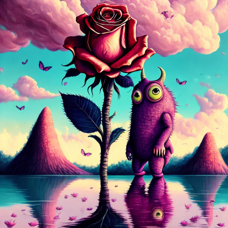 Whimsical creature with green eyes near red rose by pink lake