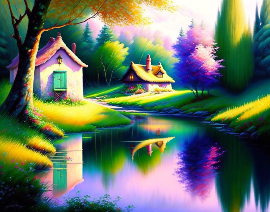 Whimsical landscape painting with cottages, pond, trees, and flowers