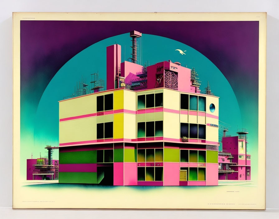 Colorful stylized artwork of industrial building in pink and yellow hues on gradient background