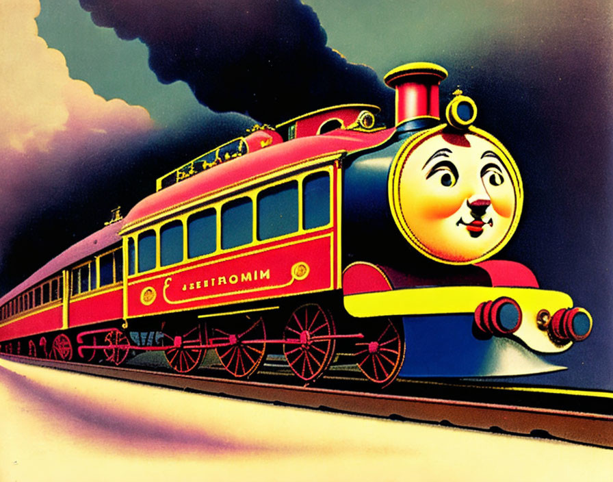 Cheerful anthropomorphic red vintage train illustration on tracks