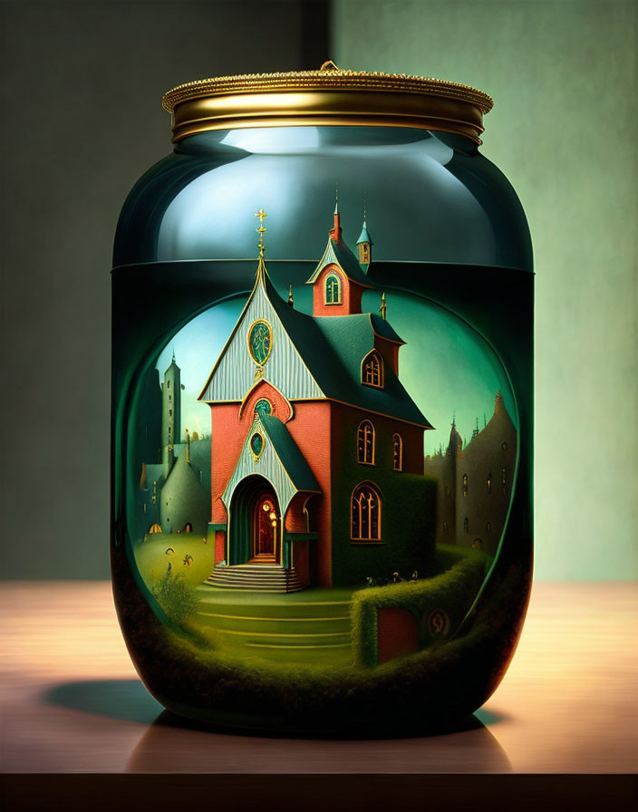 Whimsical church in glass jar with glowing ambiance