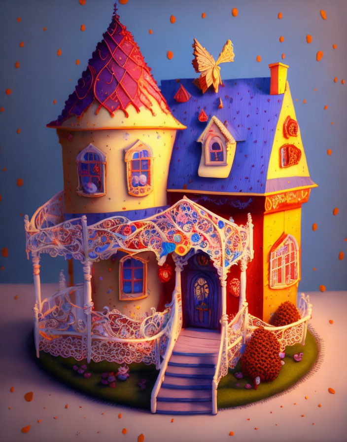 Vibrant whimsical house with ornate details and butterfly on blue background