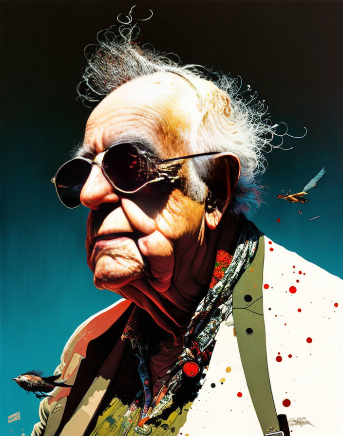 Elderly person in sunglasses with sunken cheeks and paint-splattered coat