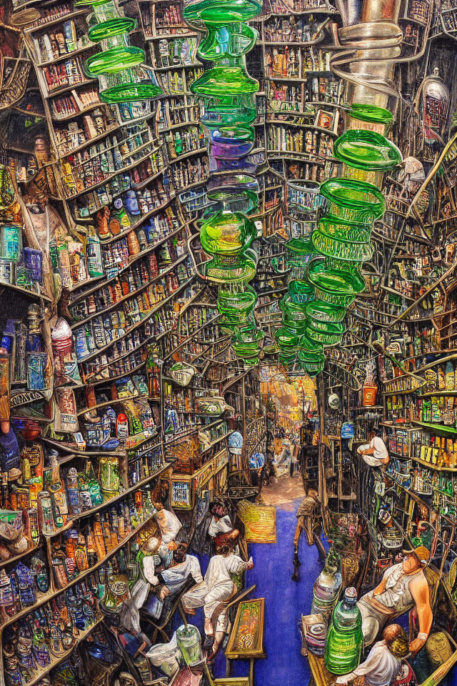 Detailed illustration of a bustling bookstore alley with rows of books, green lamps, and people browsing.