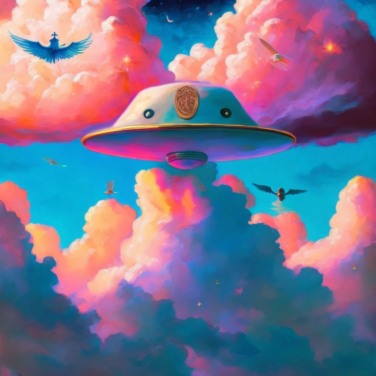 Colorful Flying Saucer Illustration with Badge in Ethereal Sky