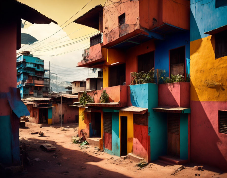 Tranquil village scene with colorful houses and empty doorways