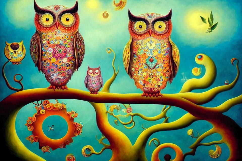 Whimsical owl painting with vibrant colors and intricate patterns