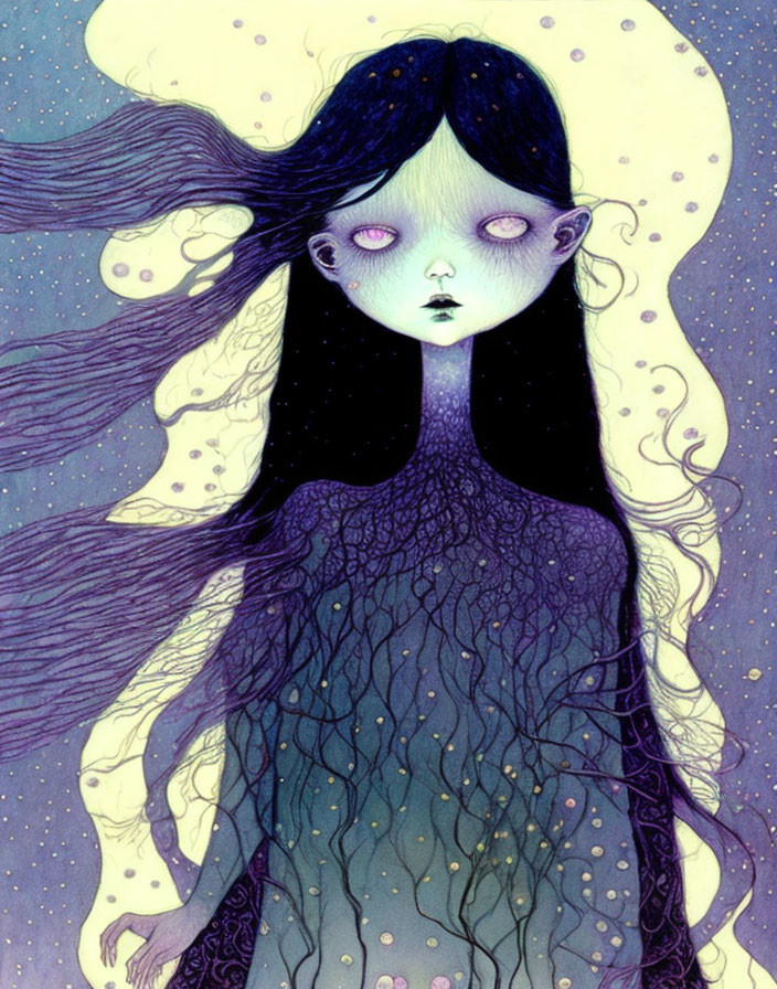 Pale-skinned girl with dark hair, purple eyes, yellow moon, and tree branch patterns