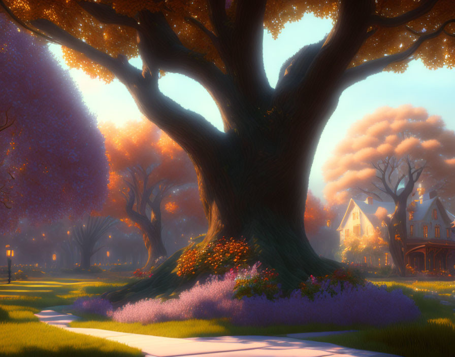 Vibrant sunset landscape with massive tree, flowers, and cozy cottage.