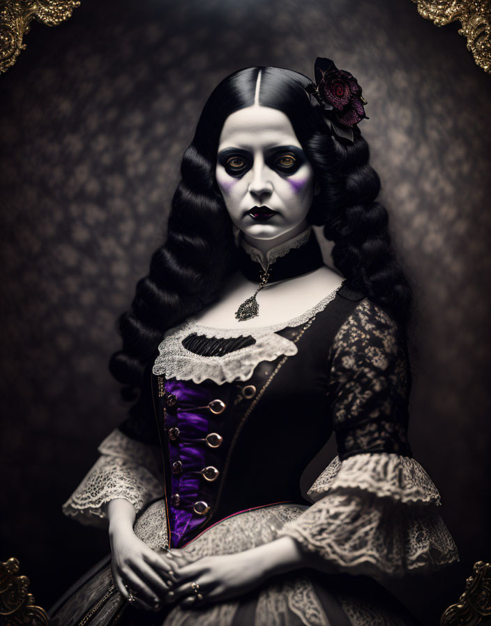 Portrait of Woman in Gothic Style with Black and Purple Corset and Purple Eyes