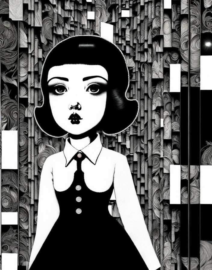 Monochrome illustration: stylized girl with bob haircut in dress, abstract geometric backdrop