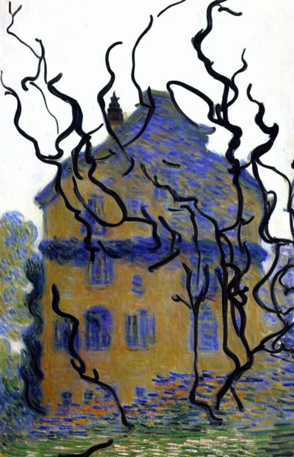 Impressionist painting of yellow house with dark branches and blue-green foliage