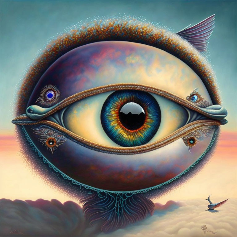 Surreal painting: Large eye with fish-like features and smaller eyes on fins, bird in sky