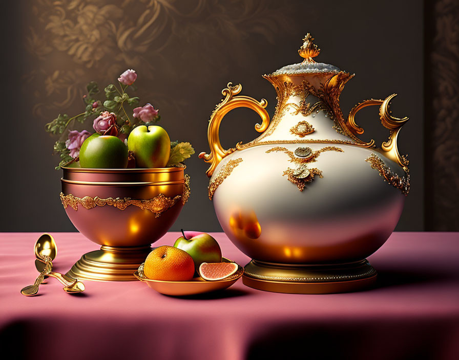 Baroque-style golden teapot with fruit and floral backdrop