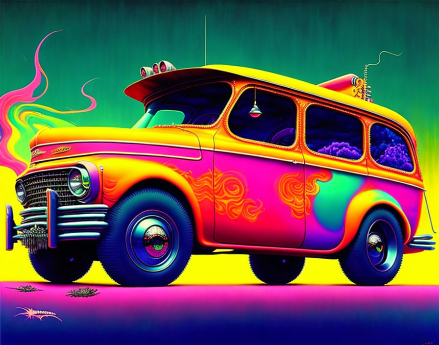 Colorful Psychedelic Classic Car Illustration with Neon Background