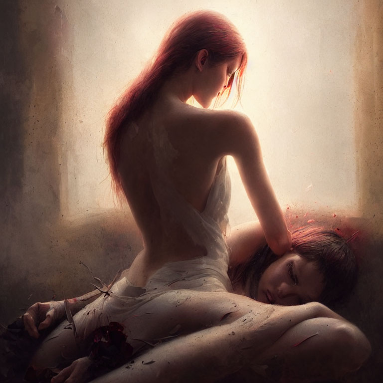 Artistic portrayal of two individuals in a somber scene of loss and sorrow