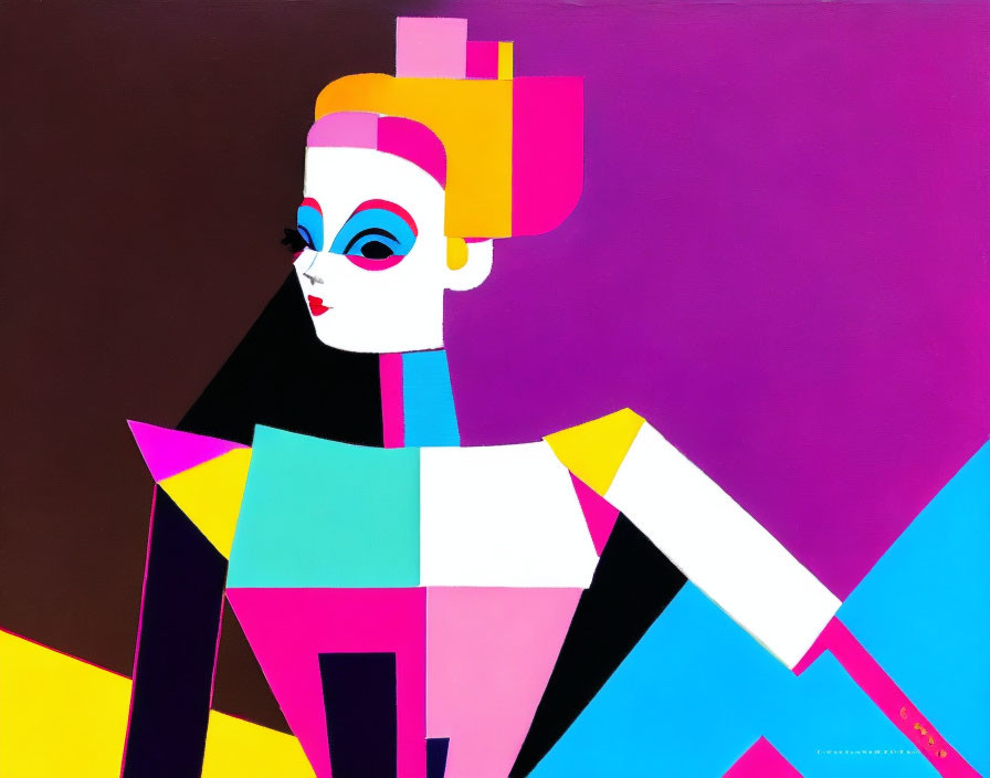 Vibrant abstract geometric painting of stylized female figure