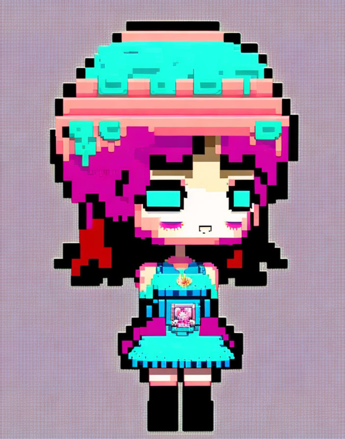 Turquoise-haired character in blue dress with pink highlights holding a flame