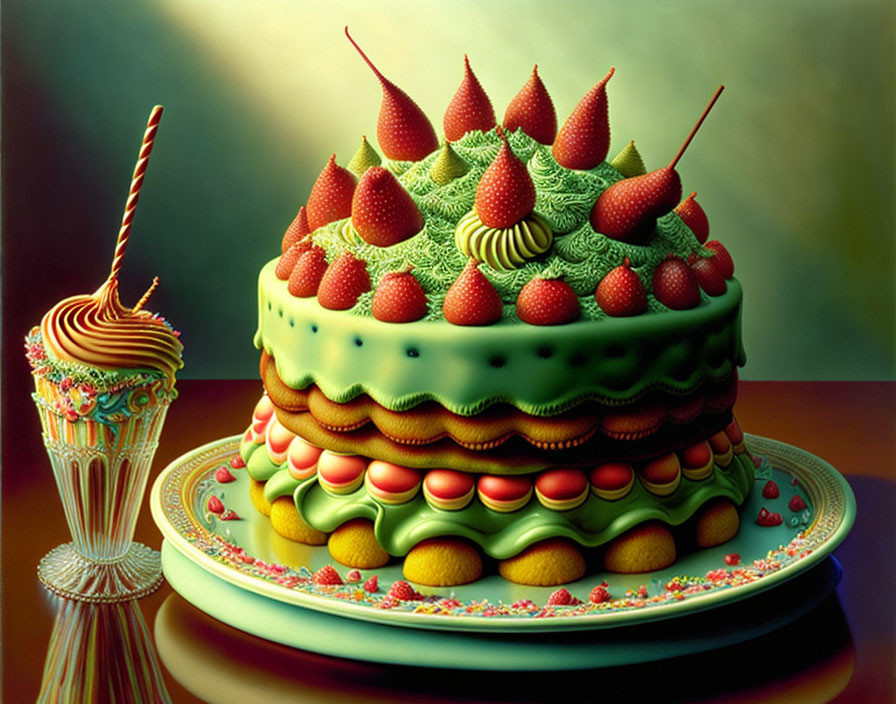 Colorful Layered Cake with Strawberries and Milkshake Display