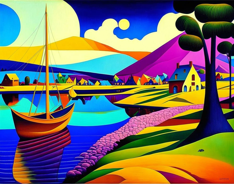 Colorful landscape painting with sailboat, trees, bridge, hills, and village.