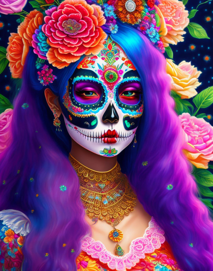 Person with vibrant sugar skull makeup, purple hair, colorful flowers, and intricate jewelry