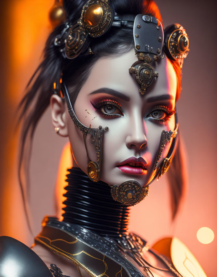 Futuristic female figure with cybernetic enhancements and stylized makeup on warm, glowing backdrop