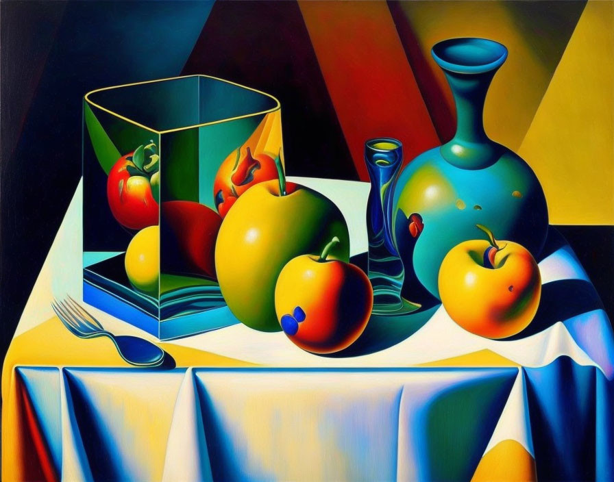 Vibrant still life painting with fruits, glass, and vase on draped table