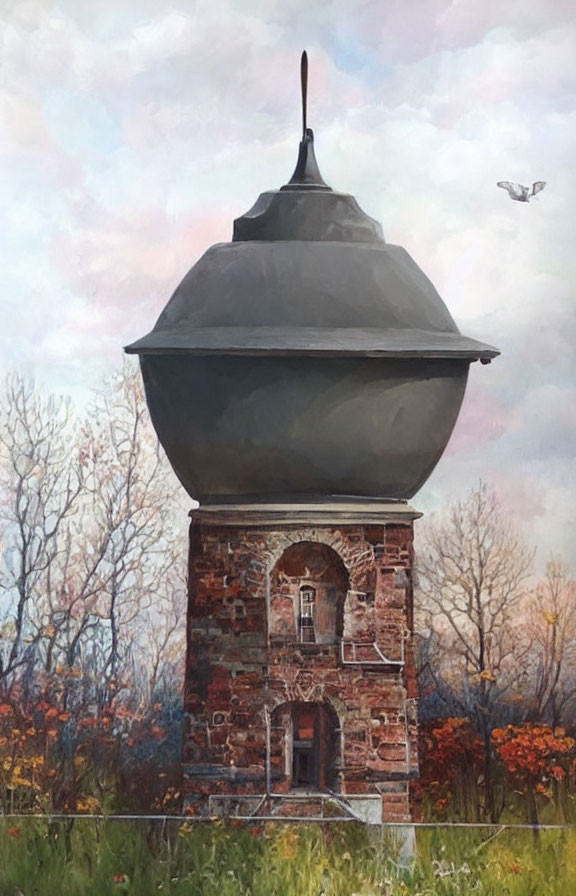 Stone tower with domed top in autumn landscape with flying bird