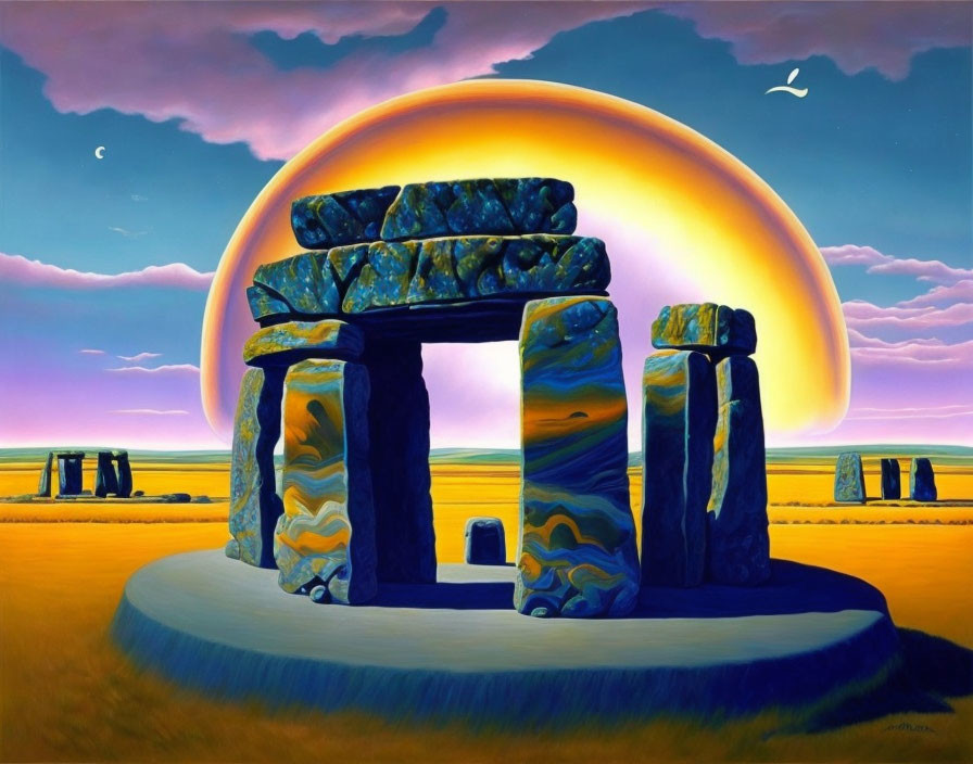 Surreal Stonehenge painting with blue and yellow swirls in expansive landscape