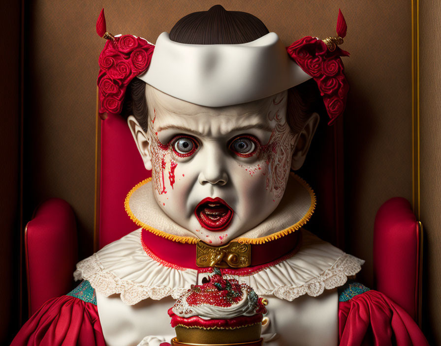 Creepy doll with blood-like details holding cupcake on brown background