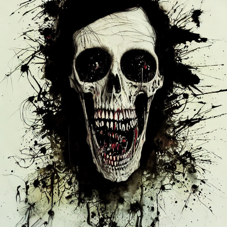 Skull with Open Mouth Surrounded by Dark Splattered Ink