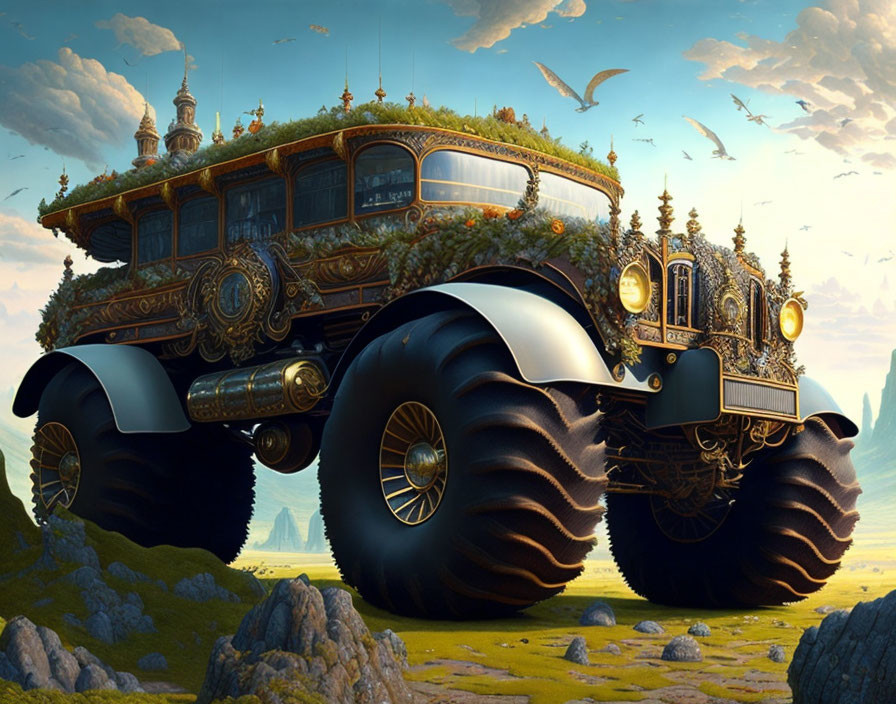 Ornate large-wheeled fantasy vehicle on grassy terrain with golden embellishments