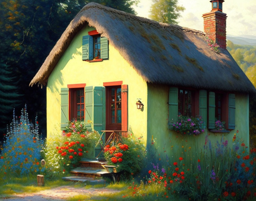 Thatched roof cottage surrounded by flowers and greenery