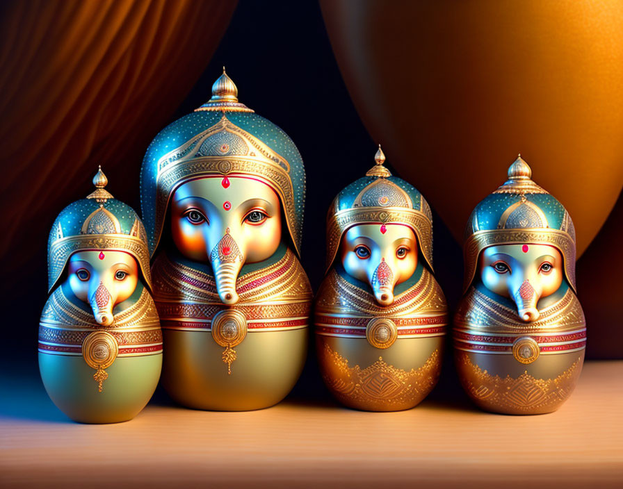 Ornate Lord Ganesha nesting dolls with intricate patterns & jewel tones