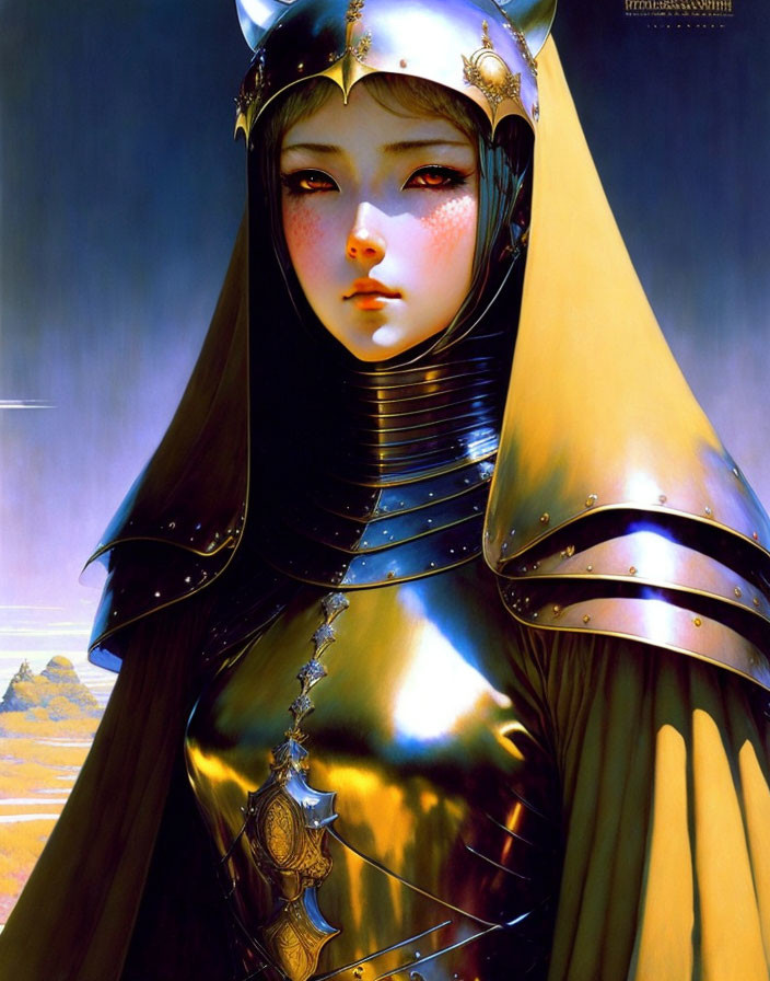 Female warrior in reflective armor with helmet and yellow cloak on blurred background