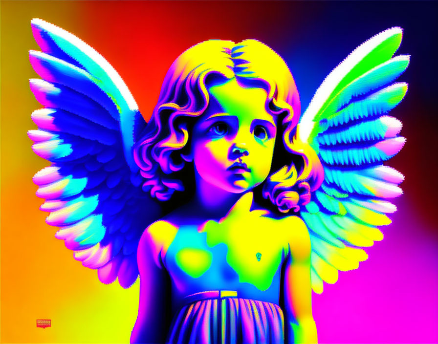 Colorful Image of Wide-Eyed Child with Angel Wings