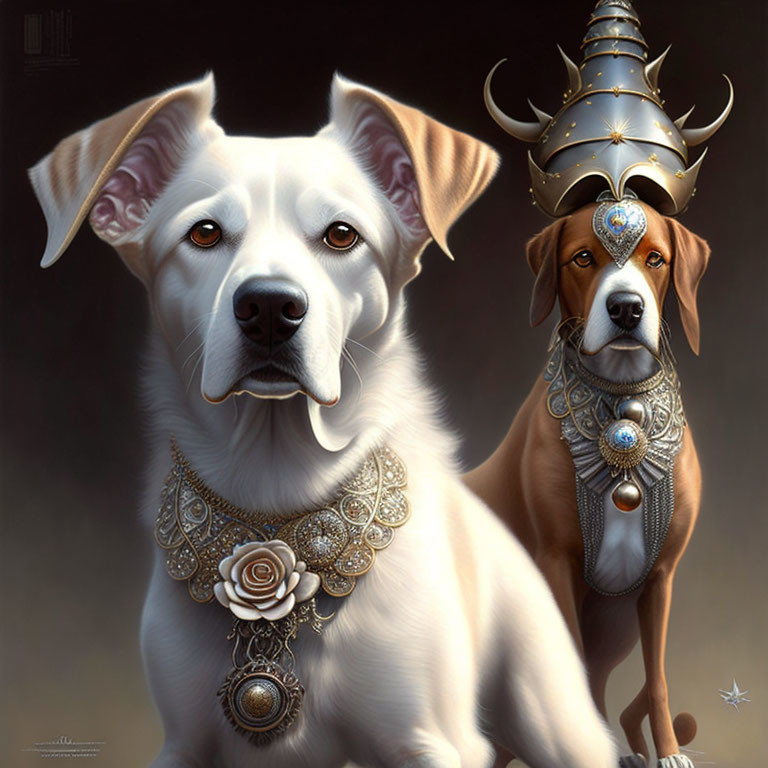 Regal dogs in medieval-style armor and jewelry.