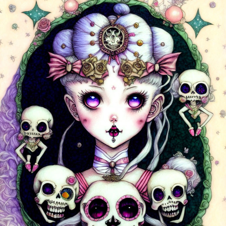 Illustration of girl with large purple eyes and skull decorations in dark, whimsical setting