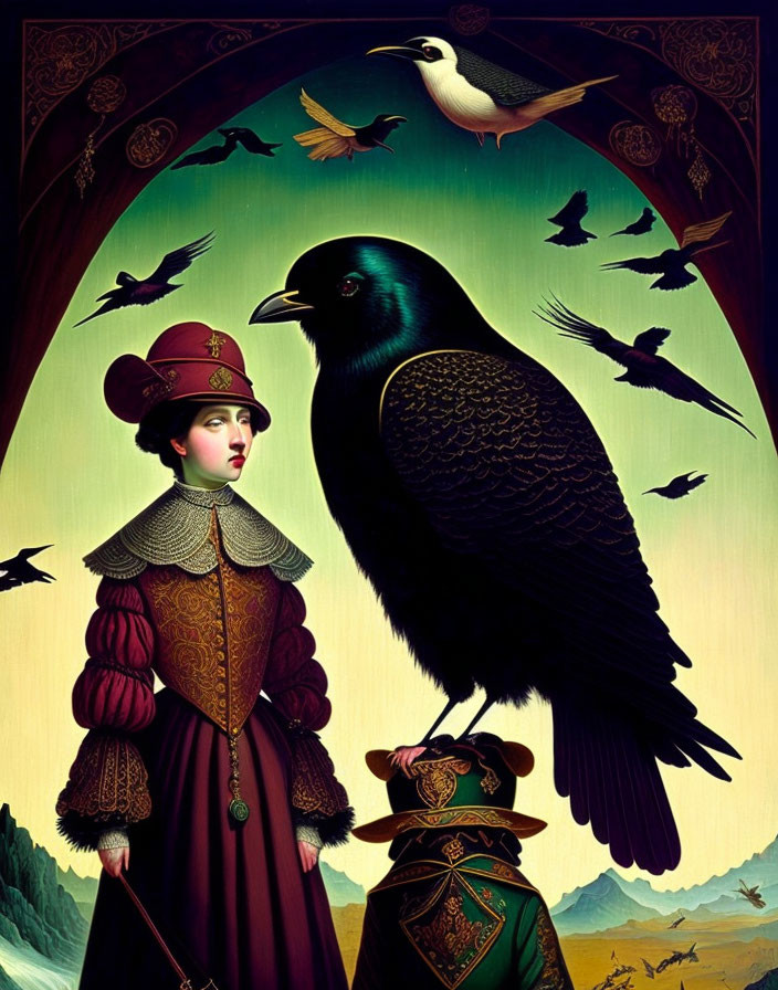 Stylized illustration of woman in vintage dress with giant raven and mountainous landscape