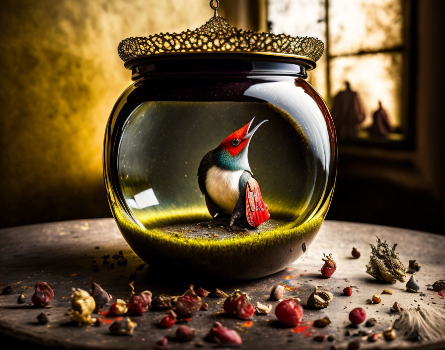 Colorful bird in glass jar with seeds and feathers on vintage table