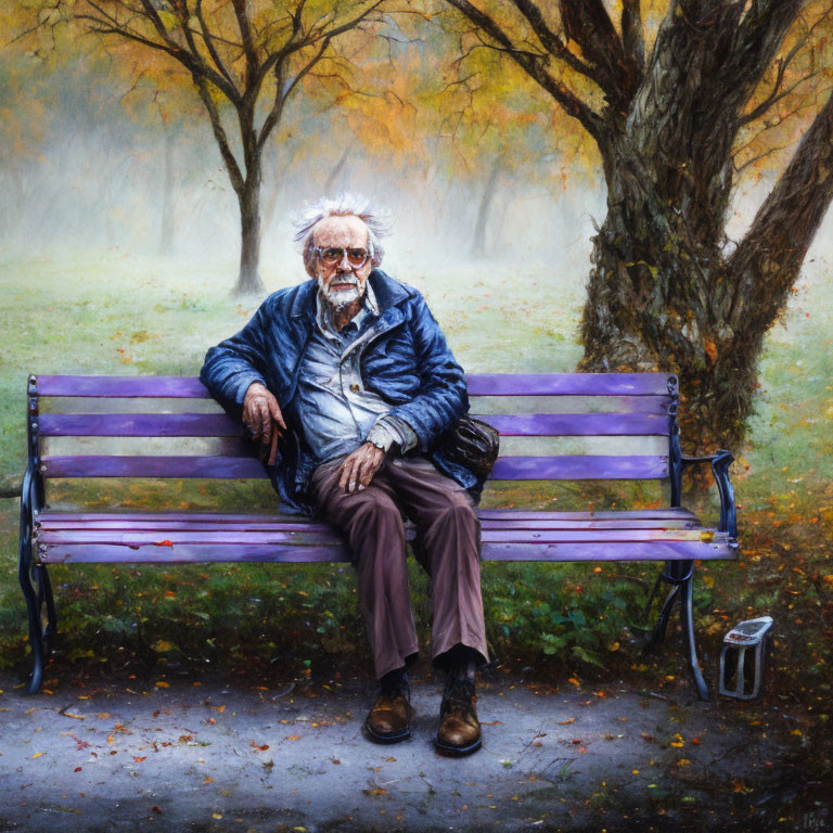 Elderly man with white hair and beard on purple bench in autumn park