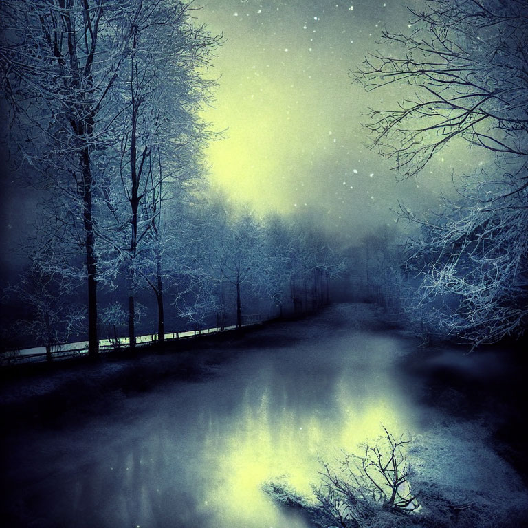 Snow-covered trees, frozen river, glowing light: Mystical winter night scene