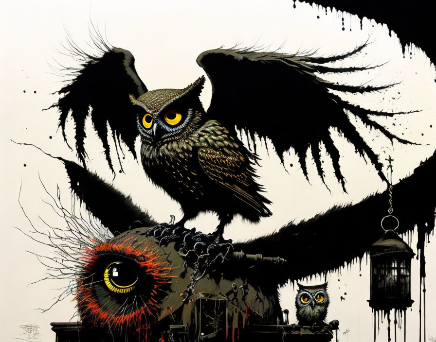 Detailed artwork featuring owl, skull, smaller owls, and lantern