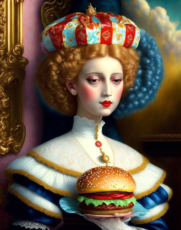 Surreal portrait of woman in historic dress with modern cheeseburger crown