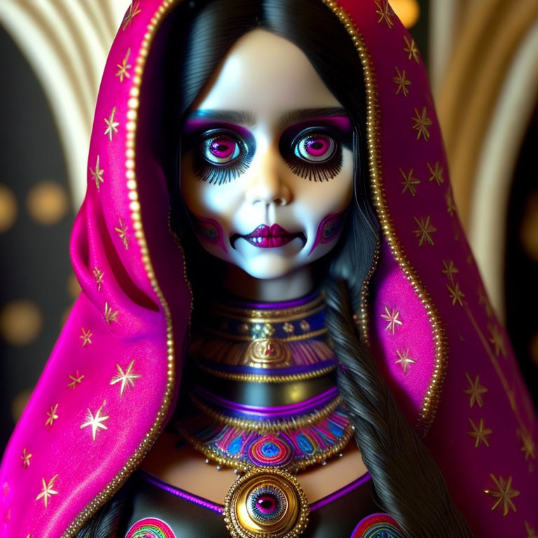 Day of the Dead themed figurine in magenta shawl with gold stars and jewelry